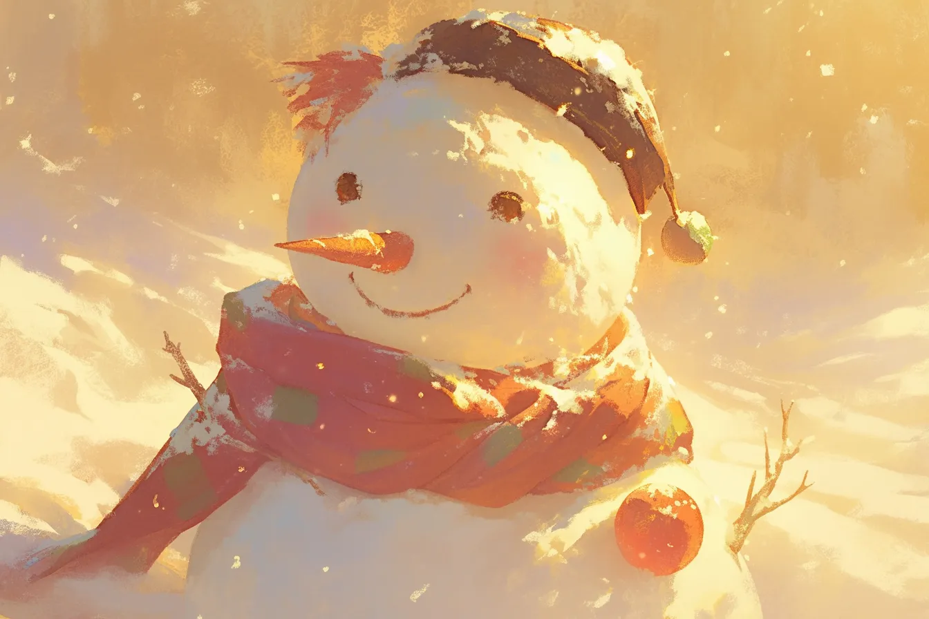 柔らかな笑顔の雪だるまの絵｜雪原の中で優しい表情を浮かべる雪だるまの絵は、シンプルで愛らしく、冬の挨拶カードや親しみやすさを重視する広告に向いています。