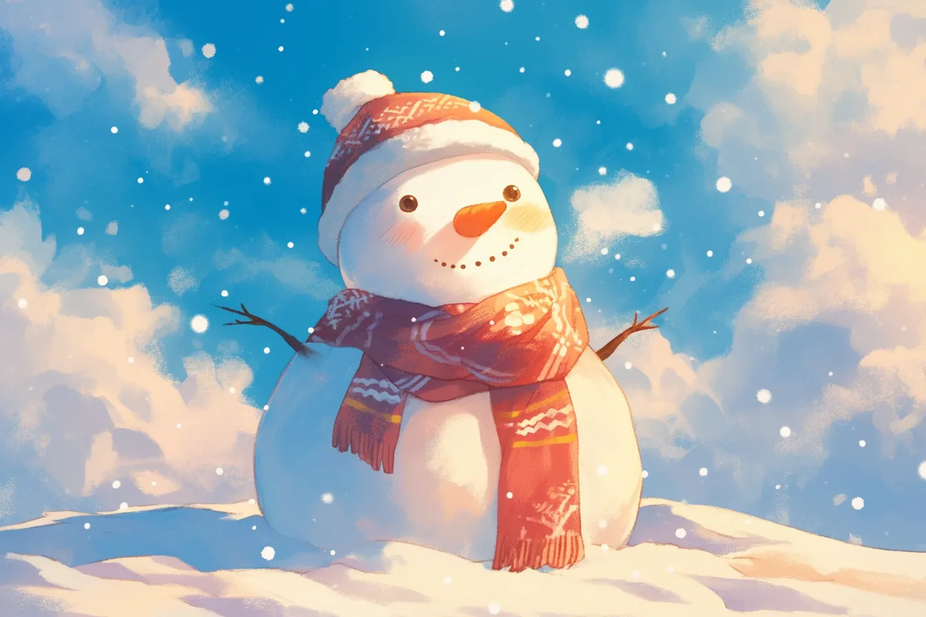 青空と雪だるまの絵の爽やかな風景｜鮮やかな青空と雪の中に立つ雪だるまの絵は、清潔感と冬の明るさを強調しており、教育・旅行パンフレットなど幅広い用途に使いやすい素材です。