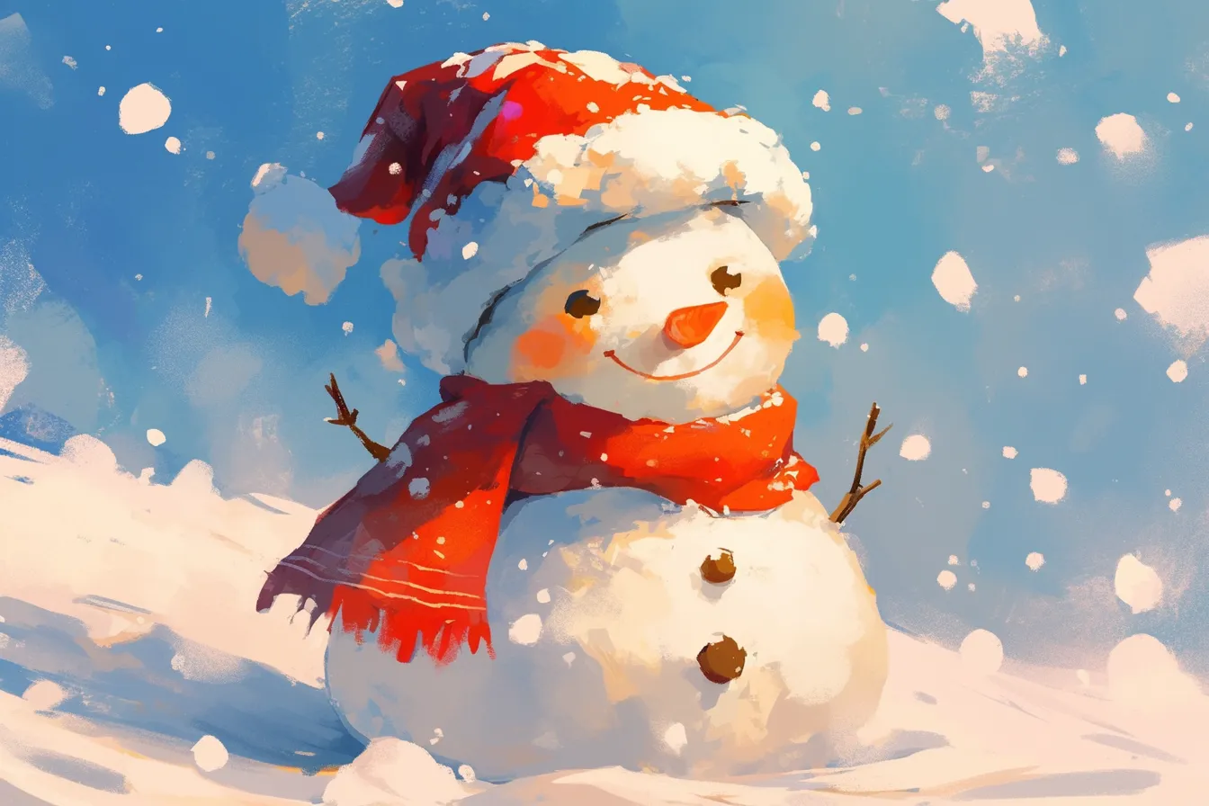 サンタ帽をかぶった雪だるまの絵｜赤い帽子とマフラーをまとった雪だるまの絵は、親しみやすい笑顔が特徴で、クリスマス関連の広告や冬の販促デザインに活用しやすい表現です。