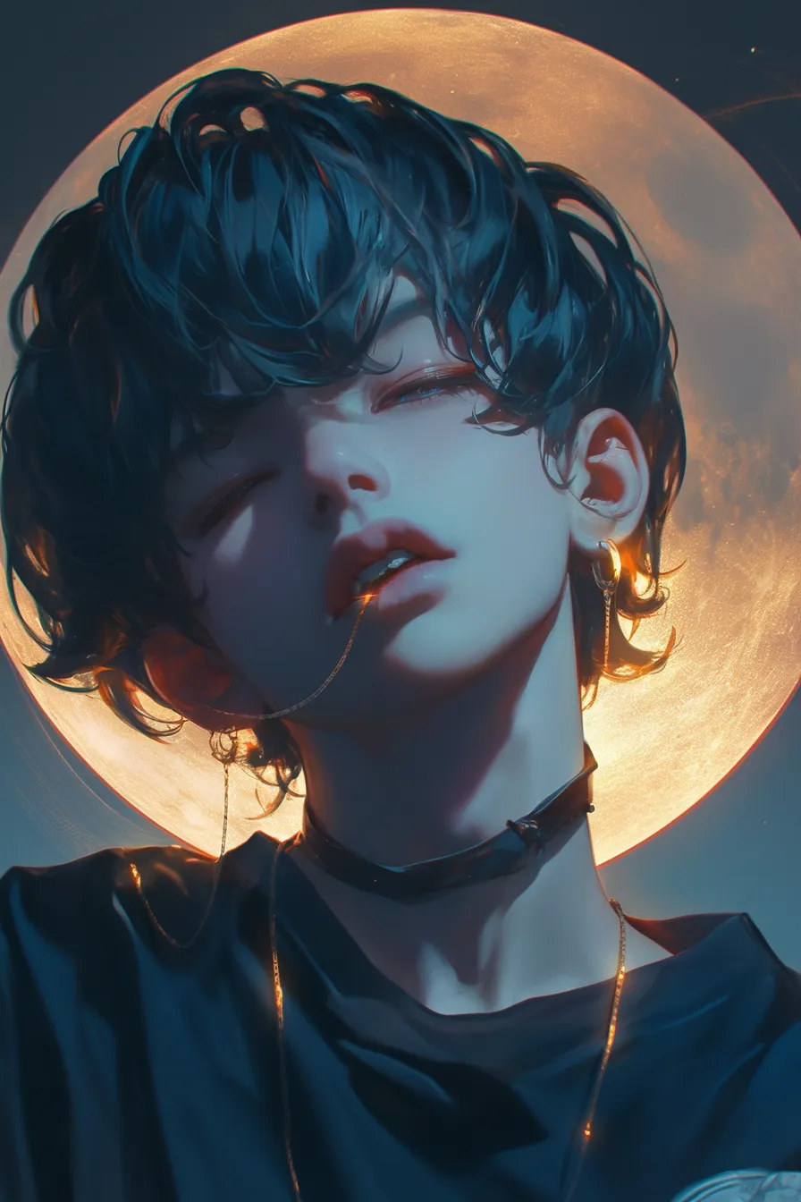幻想的な少年と月の絵｜柔らかな光に照らされた少年と満月の組み合わせが印象的な月の絵です。幻想的な雰囲気が漂い、広告やアート関連のビジネス素材として活用しやすいデザインです。