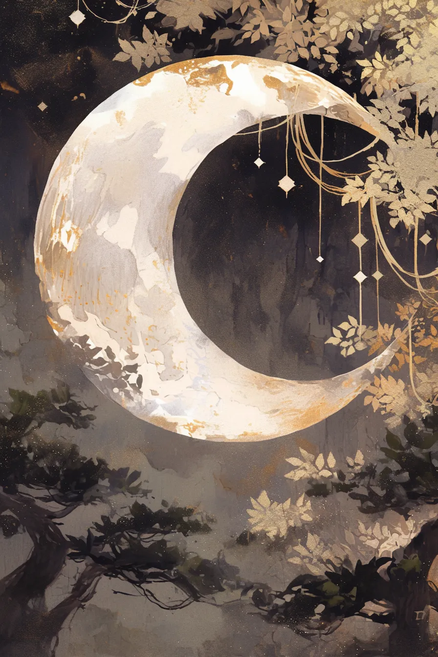 装飾的な三日月と月の絵｜繊細な模様と装飾が施された三日月を描いた月の絵です。金色の葉や幾何学的なモチーフが上品さを演出し、ポスターや高級感あるデザイン素材として役立ちます。