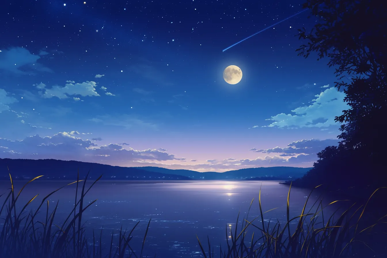 湖畔に浮かぶ満月の月の絵｜湖面に映る満月と澄んだ夜空を描いた月の絵です。穏やかなブルートーンが心地よく、癒しやナチュラル系の広告素材として幅広く利用できる印象的な構図です。