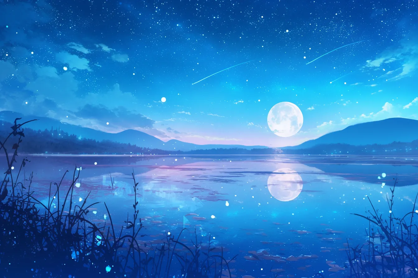 幻想的な水面に映る月の絵｜夜空と湖面に映る満月が調和する月の絵です。星々や流れ星がアクセントとなり、ロマンチックな雰囲気を伝える写真素材として幅広いデザインに応用可能です。