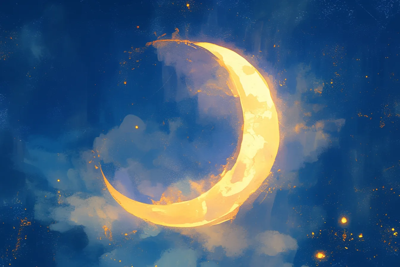 夜空に輝く三日月の月の絵｜雲間から浮かび上がる三日月を鮮やかに描いた月の絵です。幻想的でアート性が高く、イベントやクリエイティブ関連のデザインに映える素材として役立ちます。