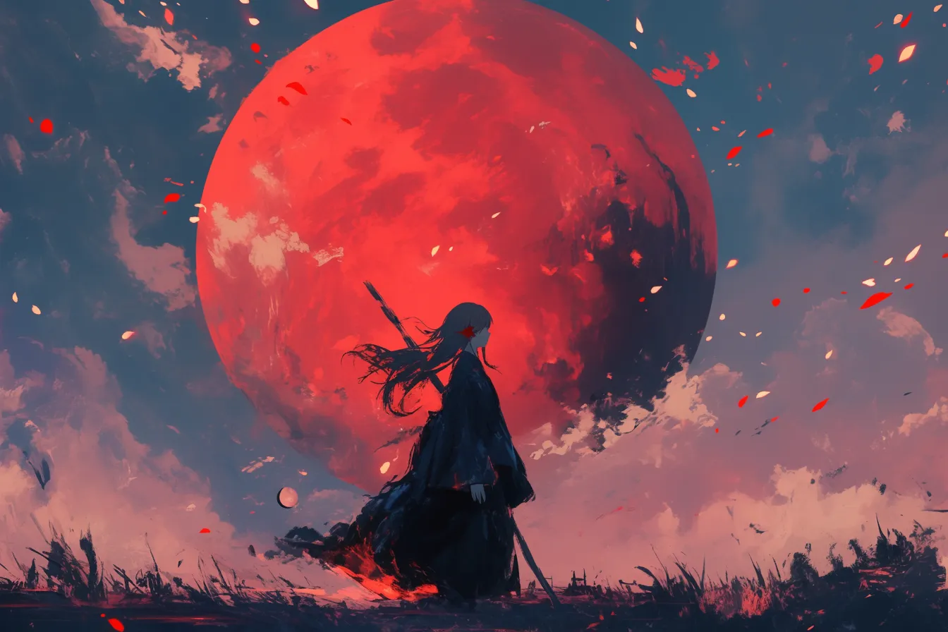 赤い満月と人物の月の絵｜赤く染まった満月とシルエットの人物が描かれた月の絵です。迫力あるビジュアルが印象的で、音楽や映像関連のビジネス素材として強いメッセージ性を放ちます。