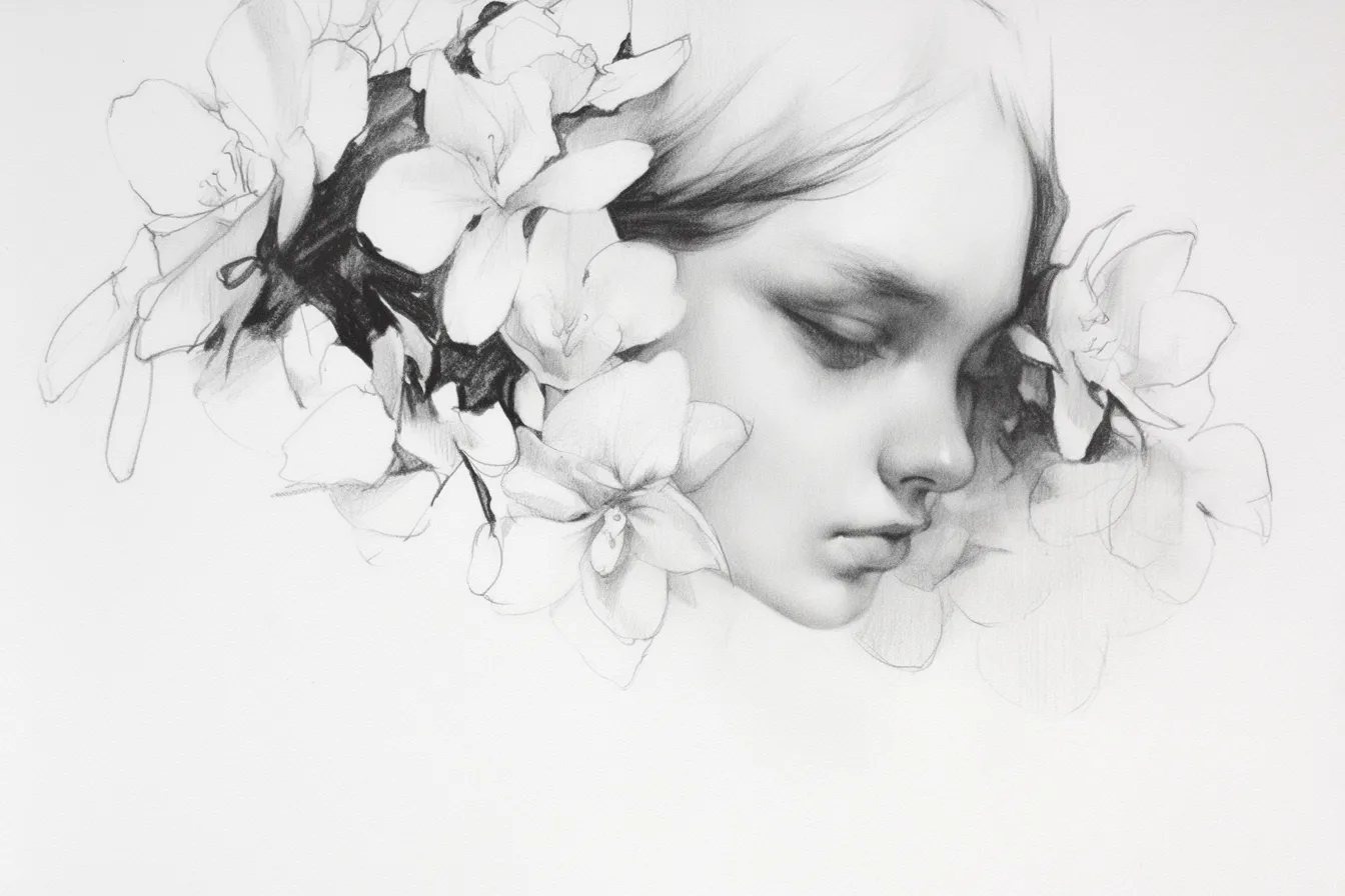花に囲まれた少女の鉛筆の絵｜柔らかいタッチで表情を描いた鉛筆の絵です。花との調和が美しく、優美で繊細な印象を与えるため、美容やライフスタイル関連のビジュアルにぴったりです。