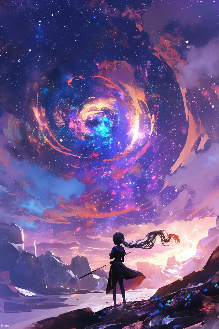 銀河と人物の幻想的な宇宙の絵｜壮大な銀河とシルエットの人物を組み合わせた宇宙の絵です。色彩豊かな星雲が広がり、クリエイティブ分野や広告素材として強いインパクトを与えるデザインに適しています。