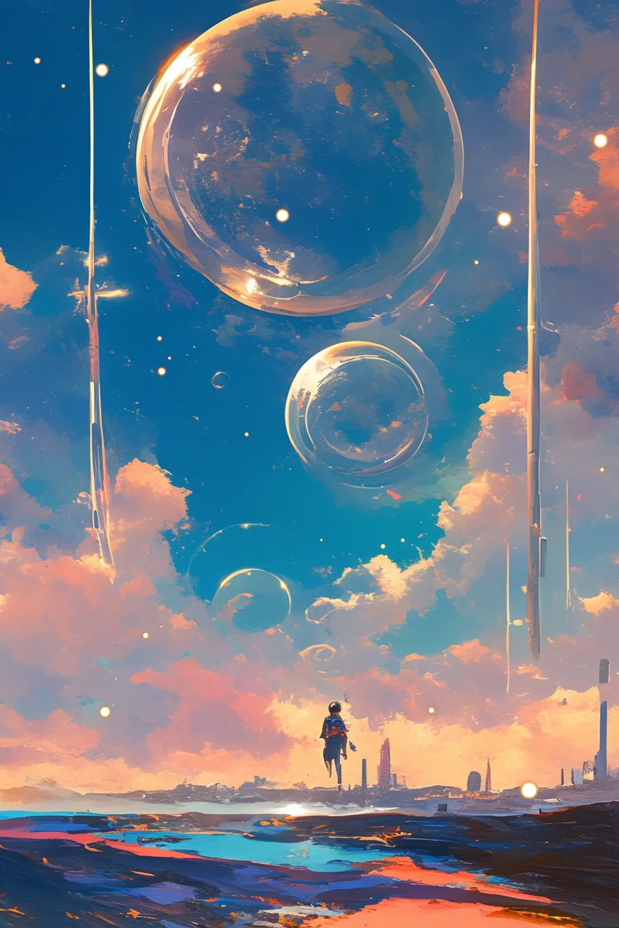 浮遊する人物と光の宇宙の絵｜巨大な泡状の光球と人物が描かれた宇宙の絵です。近未来的で独創的な構図が特徴で、テクノロジーや未来志向のビジネス素材として活用可能なビジュアルです。