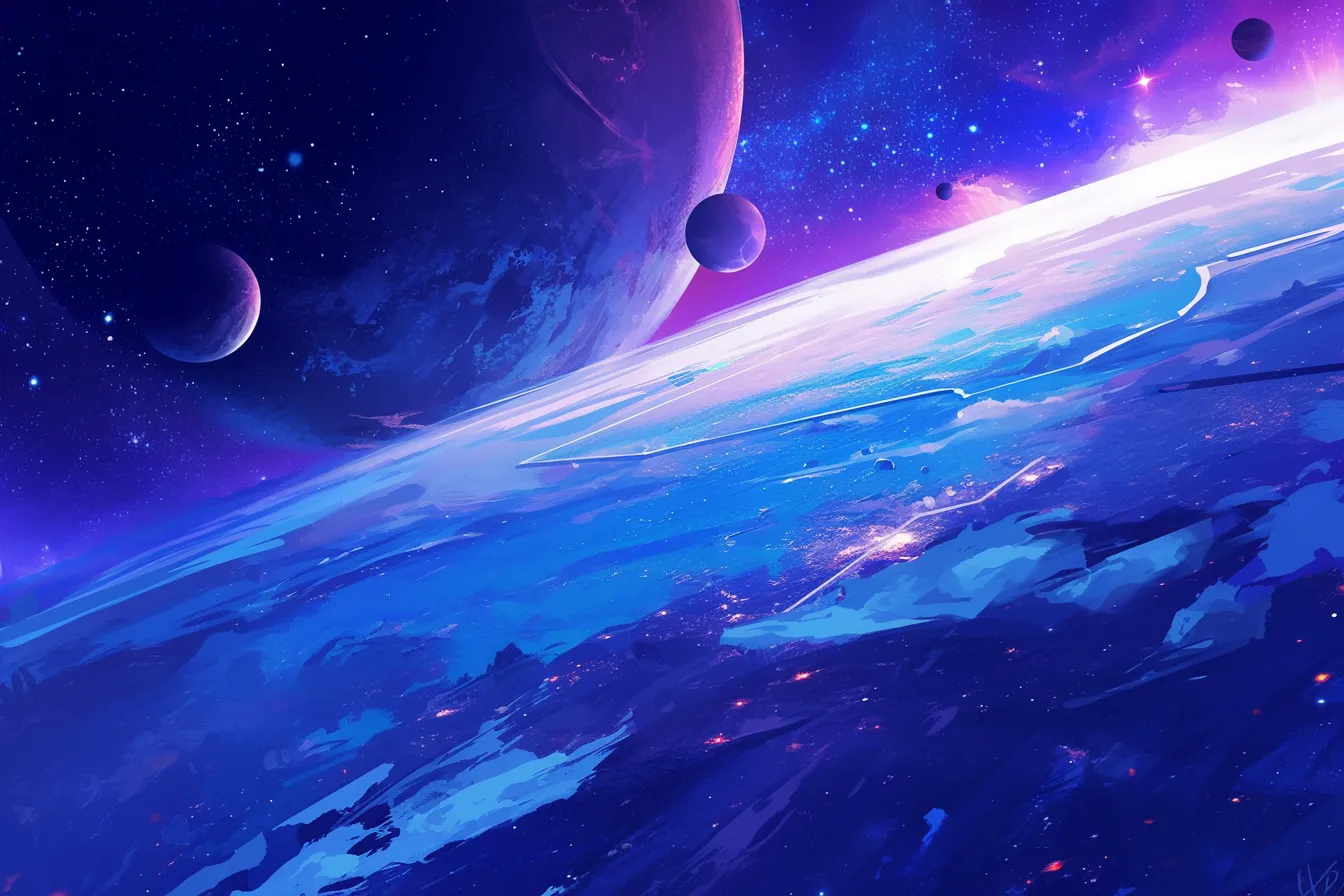 惑星と地表を描いた広大な宇宙の絵｜複数の惑星と壮大な地表を俯瞰する構図が特徴の宇宙の絵です。スケール感のあるデザインが印象的で、SFや科学関連のビジネス素材に効果的に使用できます。