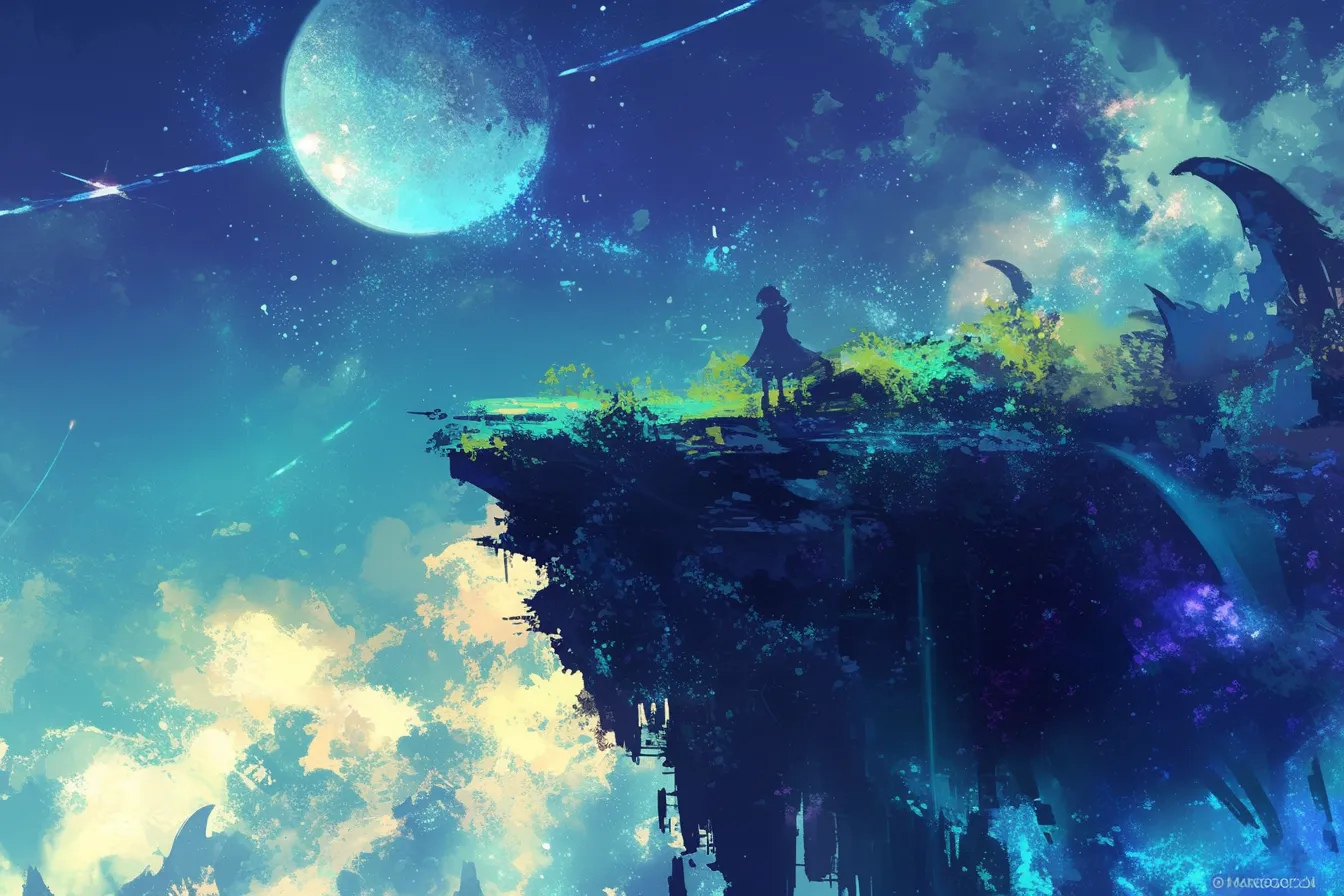 断崖に立つ人物と月の宇宙の絵｜断崖に立つ人物と夜空に輝く月を描いた宇宙の絵です。力強さと孤独感を同時に感じさせ、物語性を強調する広告や出版物のビジュアルに適した素材です。