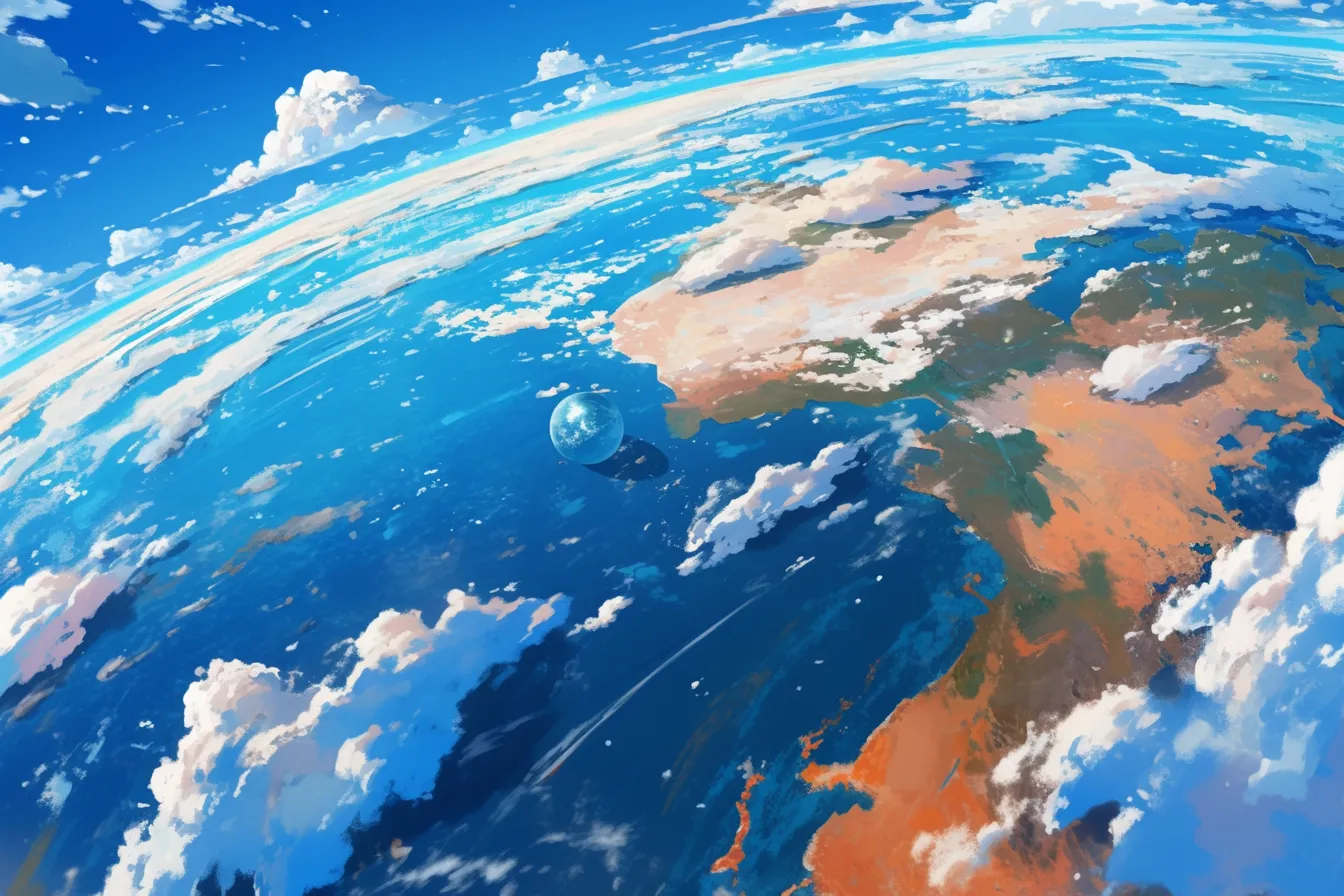 雲と大陸を望む地球の絵｜鮮やかな青空と雲が広がる視点から大陸を見下ろした地球の絵です。温かみのある色彩と広がりのある構図が特徴で、環境や教育関連のビジネス素材として魅力的に活用できます。