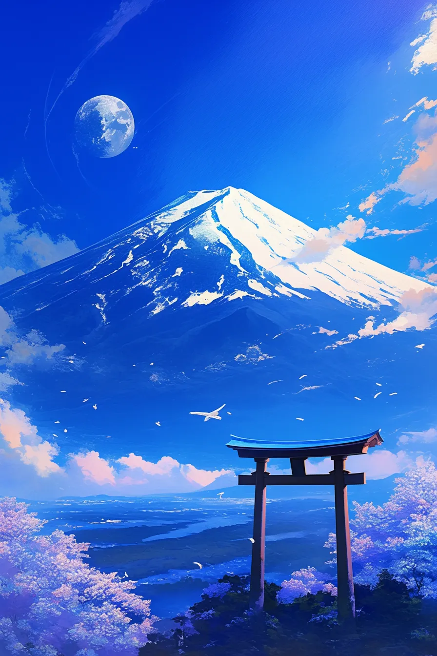 富士山と鳥居が映える山の絵｜雪をいただく富士山と鳥居を描いた山の絵です。伝統文化と自然美を組み合わせたデザインで、観光や地域プロモーションに効果的なビジネス素材として利用可能です。