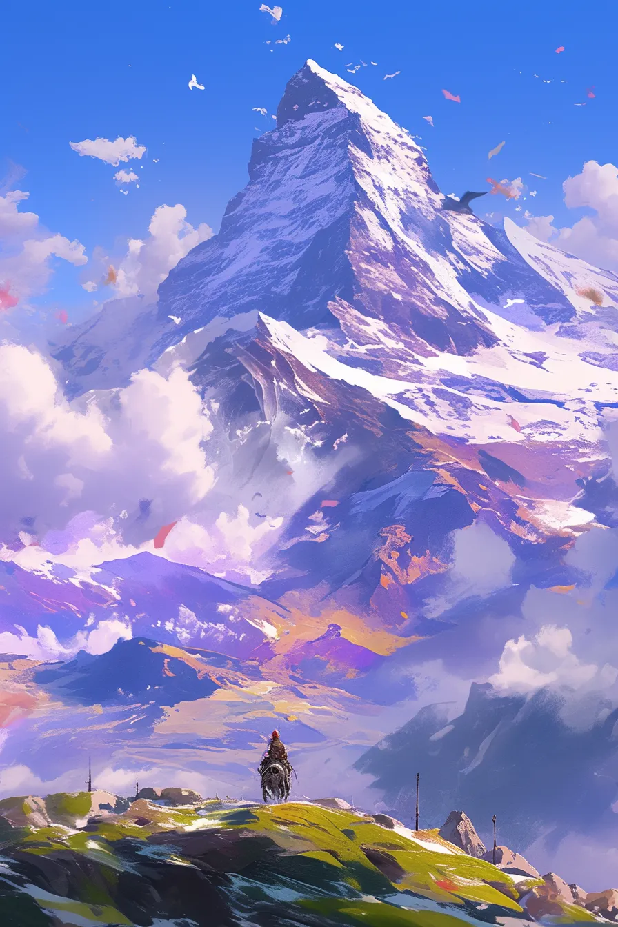 人物と高峰が際立つ山の絵｜広大な山岳風景と人物を対比させた山の絵です。迫力あるスケール感が特徴で、冒険やアウトドア関連のプロモーションに活用できる力強い印象を与えます。