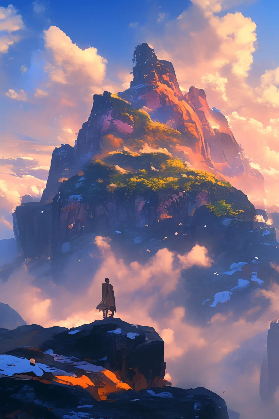 人物と夕日が映える山の絵｜夕日を背景に立つ人物と山を描いた山の絵です。ドラマチックな雰囲気が漂い、物語性を重視する出版やポスター制作にふさわしいビジュアル表現です。