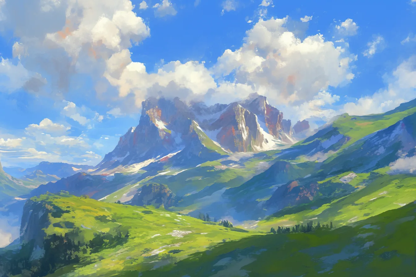 緑豊かなアルプスの山の絵｜緑の草原とアルプスの雄大な峰を描いた山の絵です。爽やかで清涼感のある色彩が特徴で、旅行や観光関連のビジネス素材として活用価値があります。