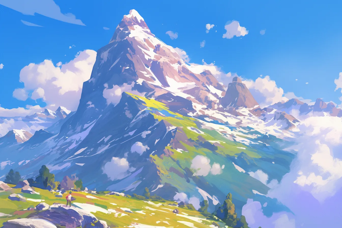 雲と雪を抱く高峰の山の絵｜雲間からそびえ立つ雪山を鮮やかに描いた山の絵です。壮大な自然美を表現し、アウトドアや登山関連の広告に効果的な視覚的インパクトを与えます。