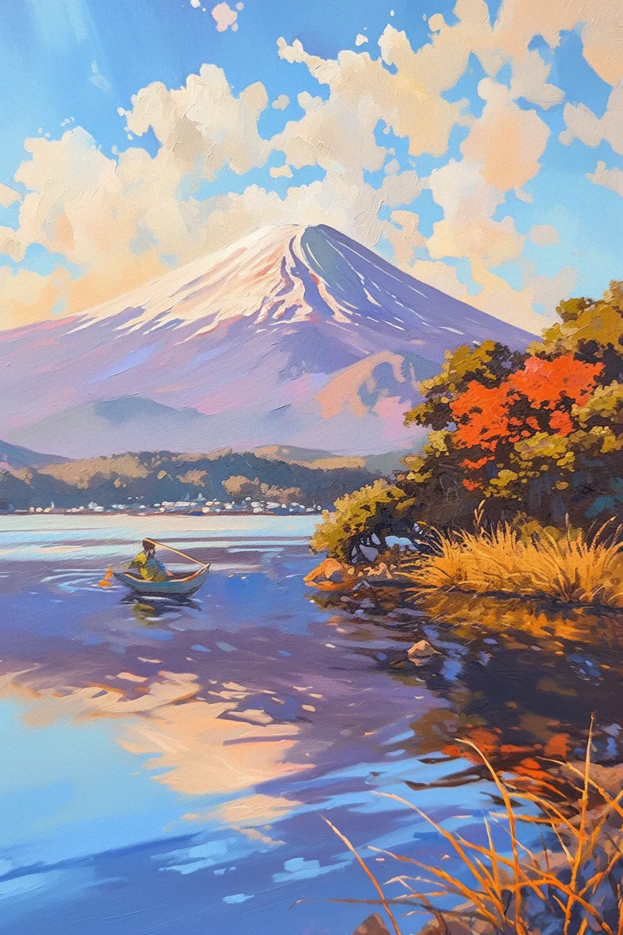 湖と小舟が調和する富士山の絵｜湖に浮かぶ小舟と紅葉が調和した富士山の絵です。柔らかい筆致と明るい色彩が印象的で、観光プロモーションや自然関連の広告素材に適しています。