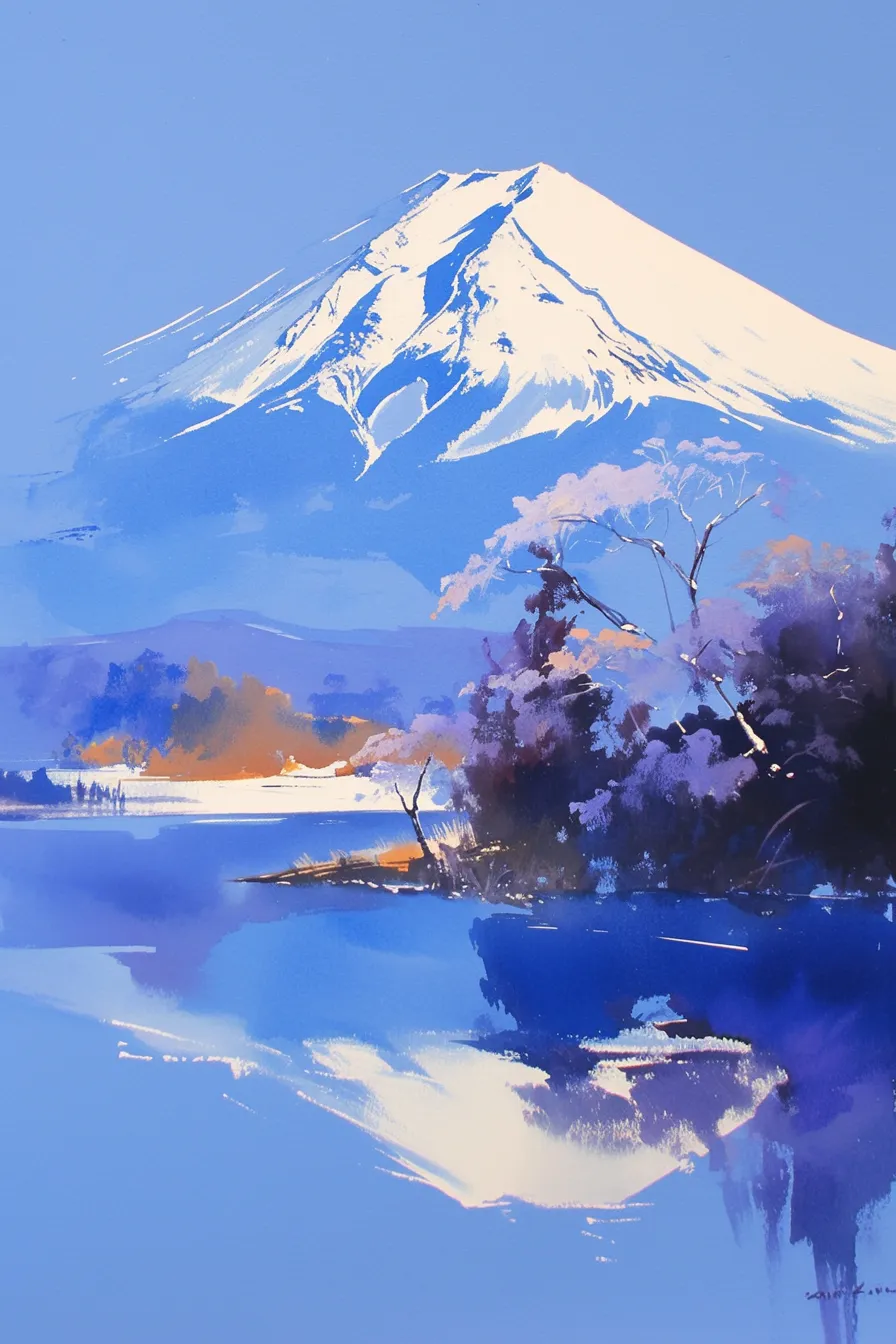 水彩風に描かれた富士山の絵｜青を基調とした爽やかなタッチで表現された富士山の絵です。シンプルかつ洗練された構図が特徴で、教育資料や企業のビジュアル素材として利用しやすい印象です。