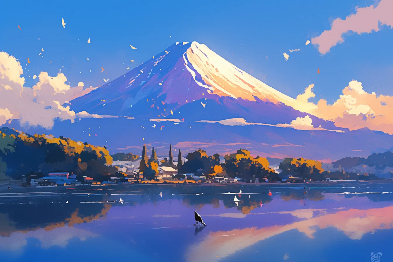 町並みと湖を背景にした富士山の絵｜町並みや湖畔を背景に描かれた雄大な富士山の絵です。秋の彩りを映し出す華やかな表現で、観光業や地域ブランディングの素材として効果的です。