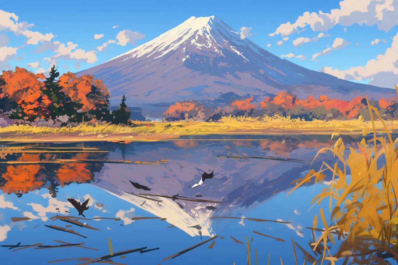 秋景色と湖面に映る富士山の絵｜紅葉と湖に映る富士山が鮮やかに描かれた富士山の絵です。季節感を強調するデザインで、旅行パンフレットやイベントポスターに活用しやすい素材です。