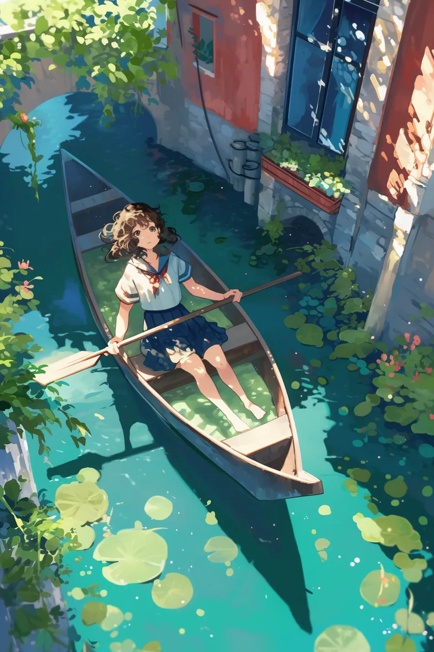 川辺を漕ぐ少女の川の絵｜鮮やかな光が差し込む中、少女が小舟で川を漕ぐ様子を描いた川の絵です。透明感のある水面やリズミカルな陰影が印象的で、広告や観光関連のビジネス素材として活用しやすい表現です。