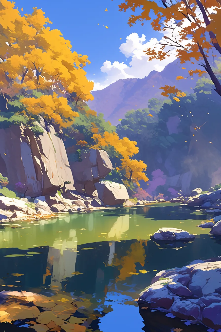 秋の渓谷と水面の川の絵｜鮮やかな紅葉に彩られた渓谷と澄んだ水面を対比的に描いた川の絵です。温かみある色調と自然美を強調する構図で、観光や季節キャンペーン素材として効果的に利用できます。