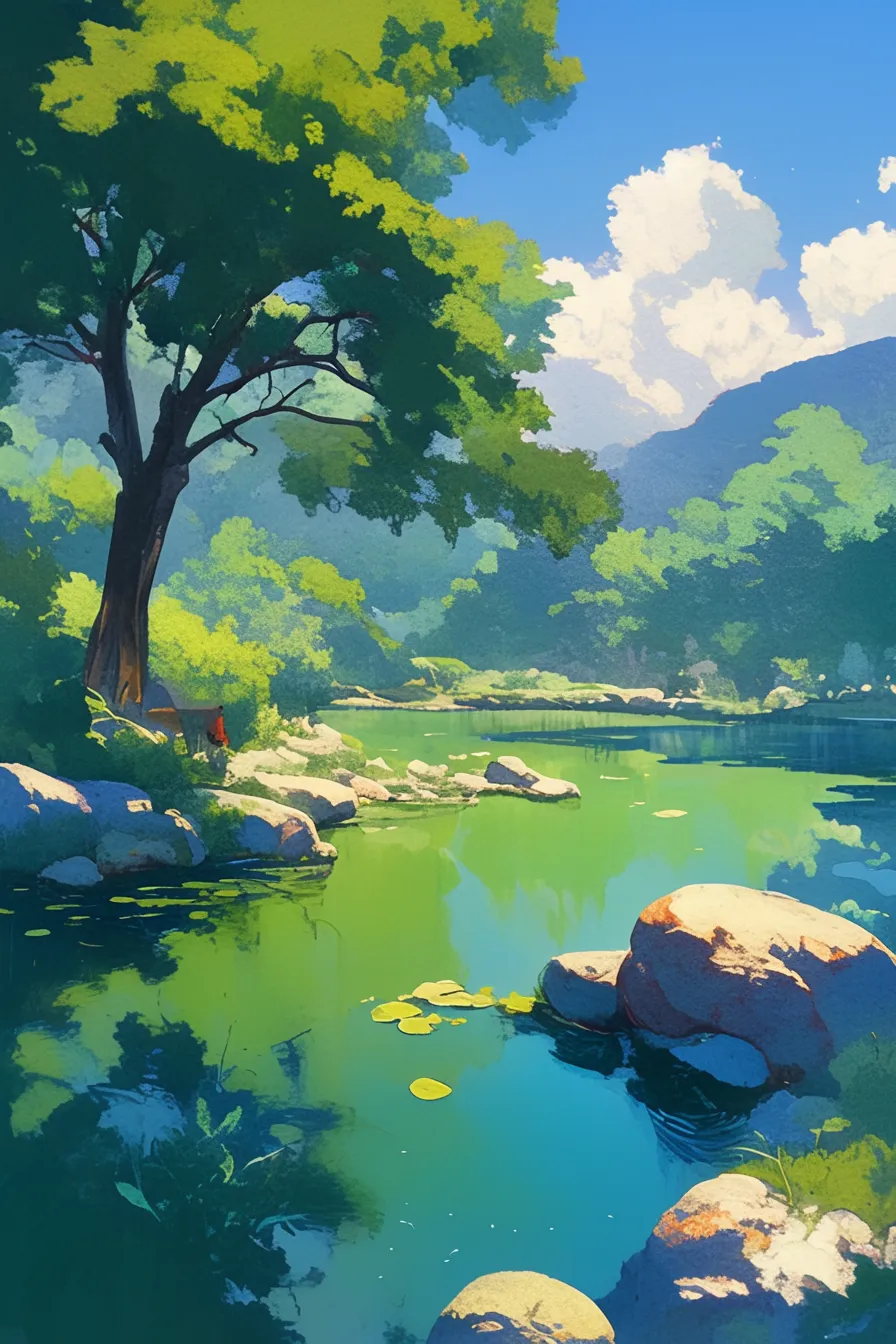 木陰広がる清流の川の絵｜大きな木の陰と空の青さを映す清流を描いた川の絵です。爽やかで開放感のある雰囲気が魅力で、自然体験やエコツーリズム関連のビジネス素材として価値があります。