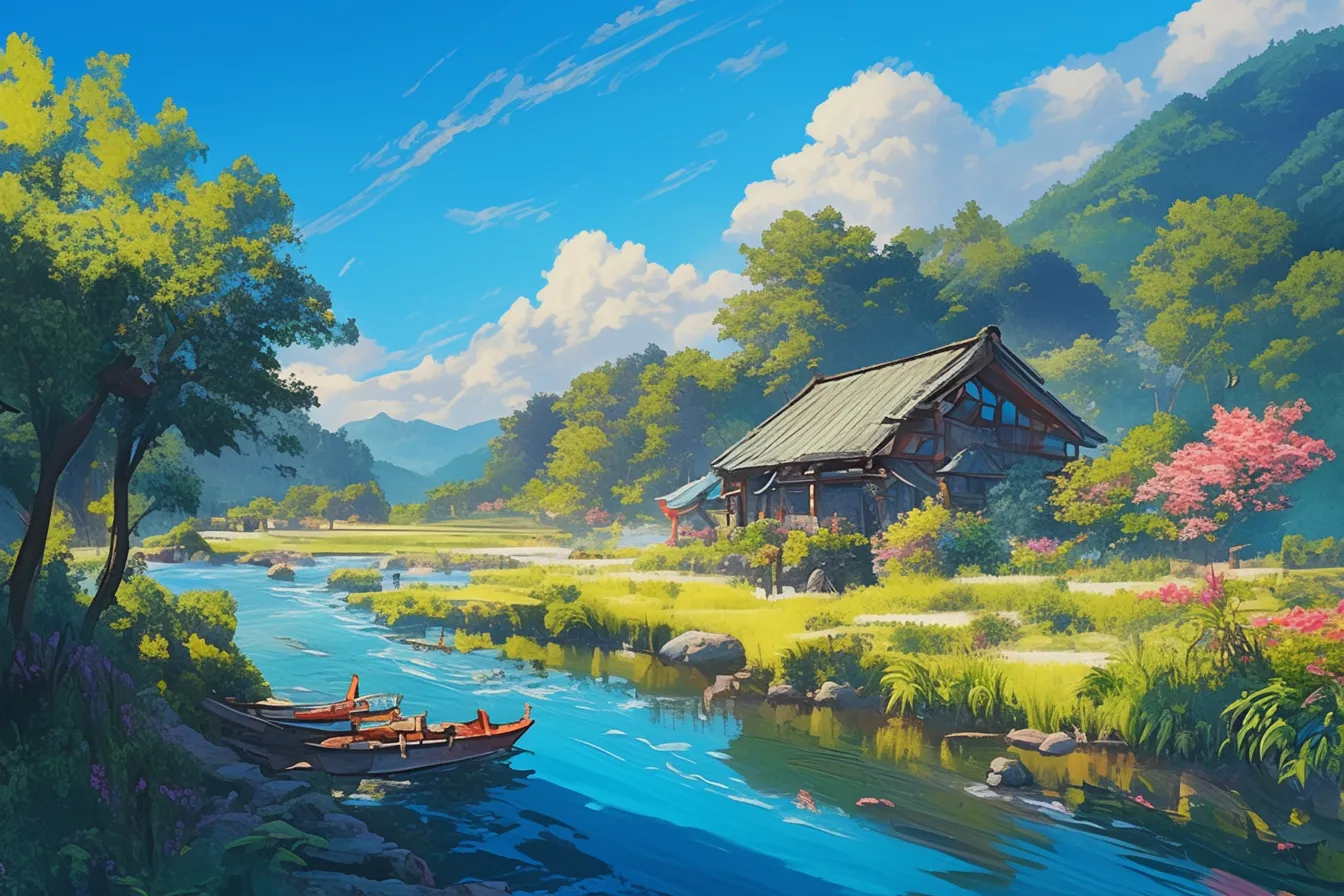 川沿いの家屋と小舟の川の絵｜伝統的な家屋と川辺の小舟を組み合わせた川の絵です。自然と生活が調和する情景が表現されており、観光や文化体験型プロジェクトの素材として適しています。