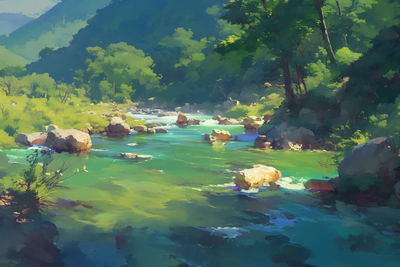 渓流の流れと緑の川の絵｜豊かな緑と力強い渓流の流れを描いた川の絵です。自然の迫力と爽快感を兼ね備え、アウトドアやエコツーリズム向けのビジネス素材に適しています。