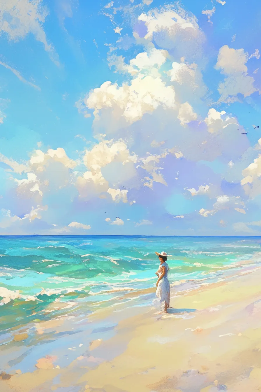 白いドレスの女性と海の絵｜柔らかなタッチで描かれた海辺と女性が調和し、詩的な印象を与える構図です。鮮やかな青空と水彩のような筆致が特徴的で、海の絵として広告やエディトリアル向けの素材に適しています。