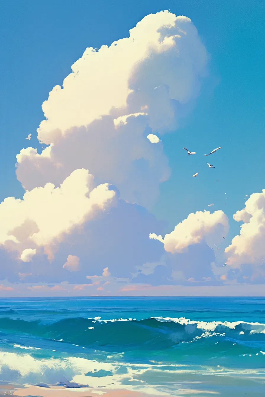 入道雲と波立つ海の絵｜大きな積雲が夏らしい迫力を演出し、鮮明な青海とのコントラストが印象的です。空と波の動きを強調する構図は、季節感を伝える海の絵のビジネス素材として効果的に活用できます。