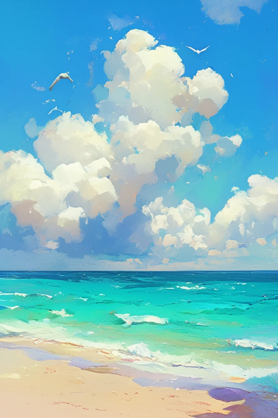 白い砂浜とエメラルドの海の絵｜透明感のある波と広がる空が清涼感を演出しています。色彩の明快さがリゾートや旅行関連の広告にマッチし、海の絵として企業デザインにも取り入れやすい表現です。