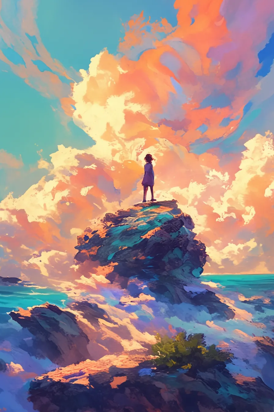 岩場に立つ人物と夕焼けの海の絵｜ドラマチックな夕空と力強い波しぶきが幻想的な雰囲気を醸し出しています。視線誘導の構図が印象を高め、海の絵として感情的なシーンの演出素材に適しています。