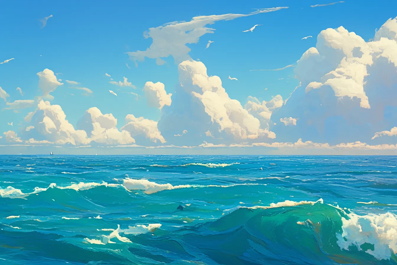 水平線と広がる雲の海の絵｜遠景に広がる海と積雲がバランスよく描かれ、広大さと爽快感を印象づけています。均整の取れた画面構成が特徴で、海の絵として企業のウェブデザインや広告に活かせます。