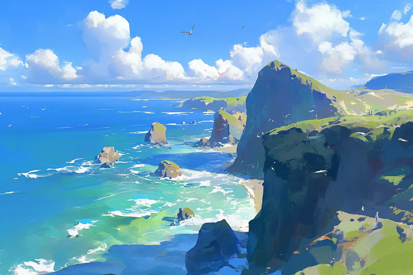 断崖と青海の風景海の絵｜岩場の迫力ある質感と透き通る水面の対比が印象的です。視覚的な奥行きが強調され、観光や地域プロモーション向けに活用できる海の絵として魅力的です。