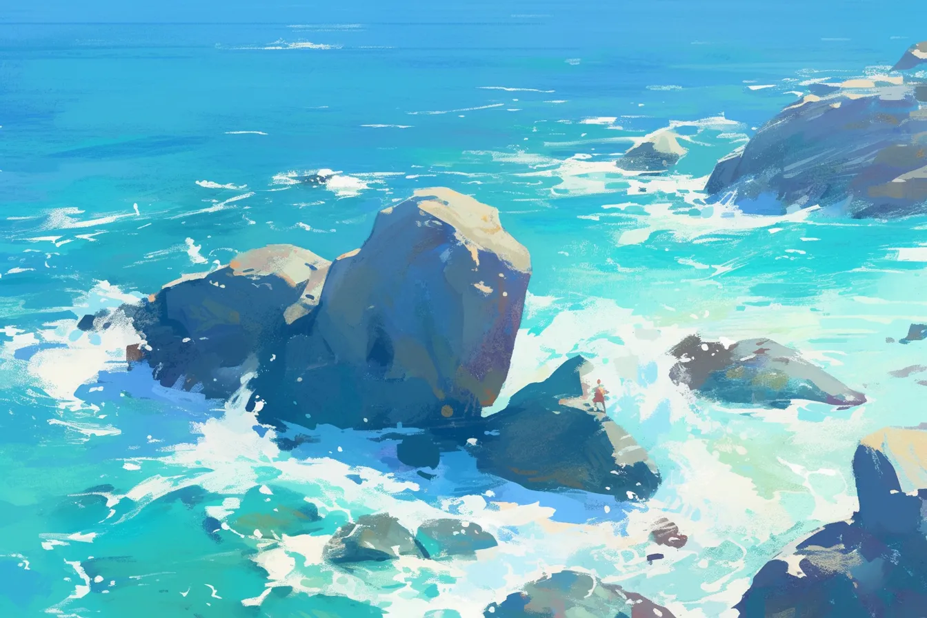 岩に砕ける波と海の絵｜波しぶきの表現が生き生きとし、動きのある場面を切り取っています。海の絵としてダイナミックさを演出する素材であり、広告や映像デザインに応用しやすい印象を与えます。