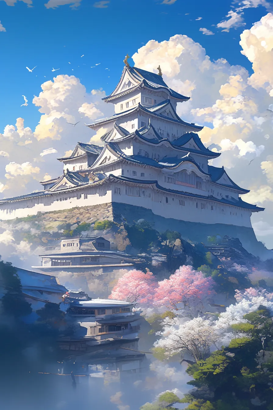 雄大にそびえる和風お城の絵｜荘厳な和風建築のお城の絵を中心に描かれ、雲と青空が立体感を強調しています。ビジネス写真素材として重厚感や伝統的イメージを訴求する場面に最適です。