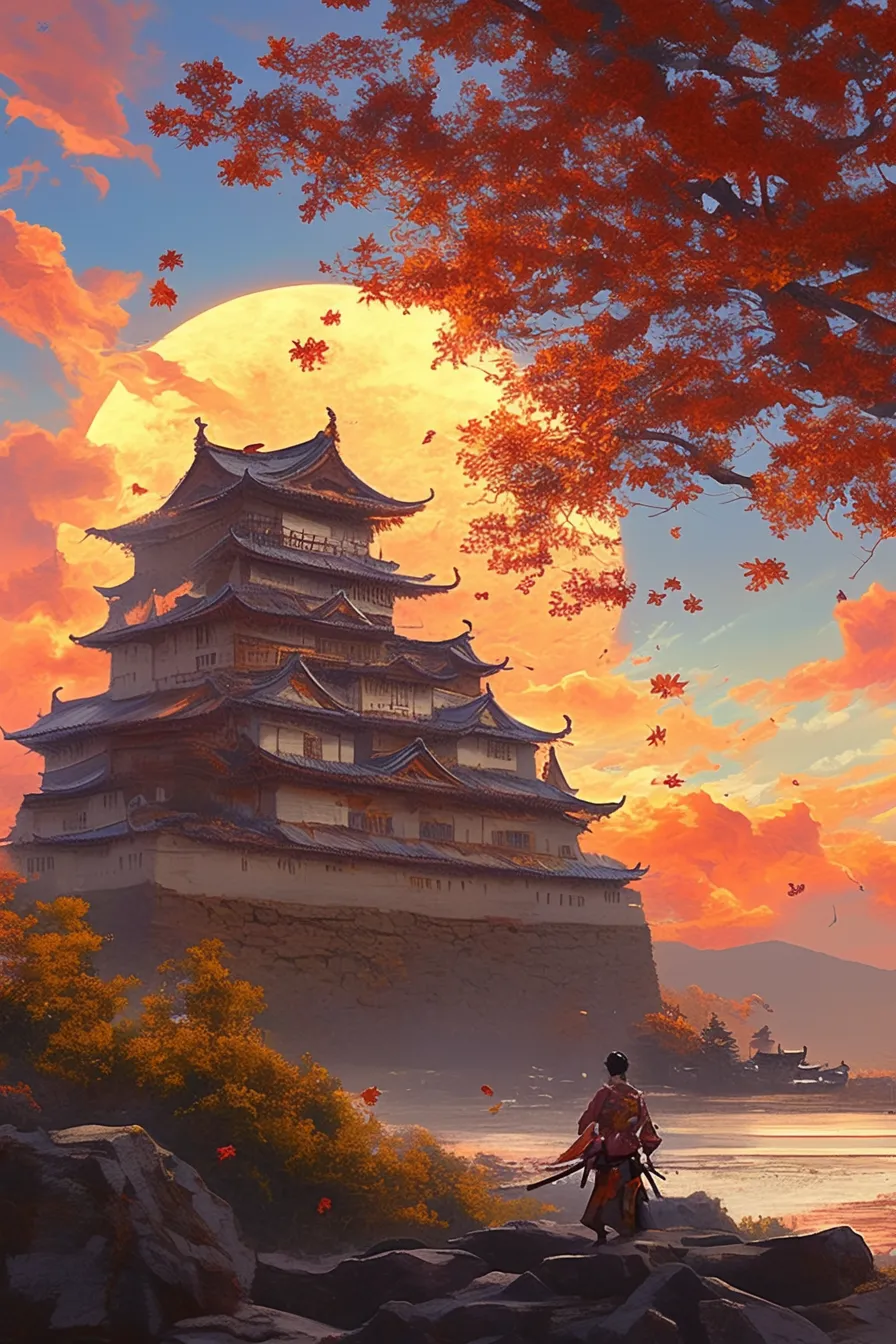夕日と武士が見守るお城の絵｜赤く染まる夕日と武士の姿がドラマ性を高めるお城の絵です。力強さと物語性を備えており、広告やプロモーションに映えるビジネス素材です。