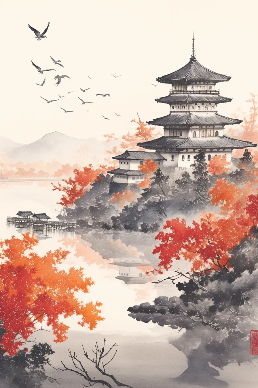 水墨画風に描かれた雅なお城の絵｜水墨画の表現で繊細に描かれたお城の絵は、落ち着いた品格ある雰囲気を演出します。伝統文化を紹介する資料や上質なデザイン素材に適しています。