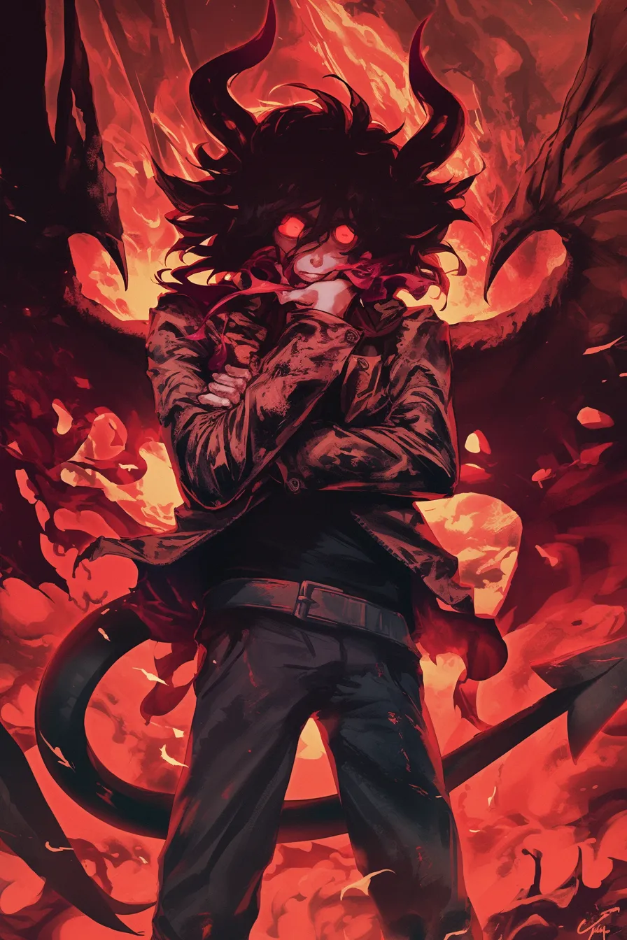 燃え盛る悪魔の地獄の絵｜赤黒い炎に包まれた悪魔が描かれ、視覚的に強烈な印象を与える地獄の絵です。ビジネス素材としてはゲームや書籍の表紙、広告用ビジュアルに適しており、迫力と不安感を表現できます。