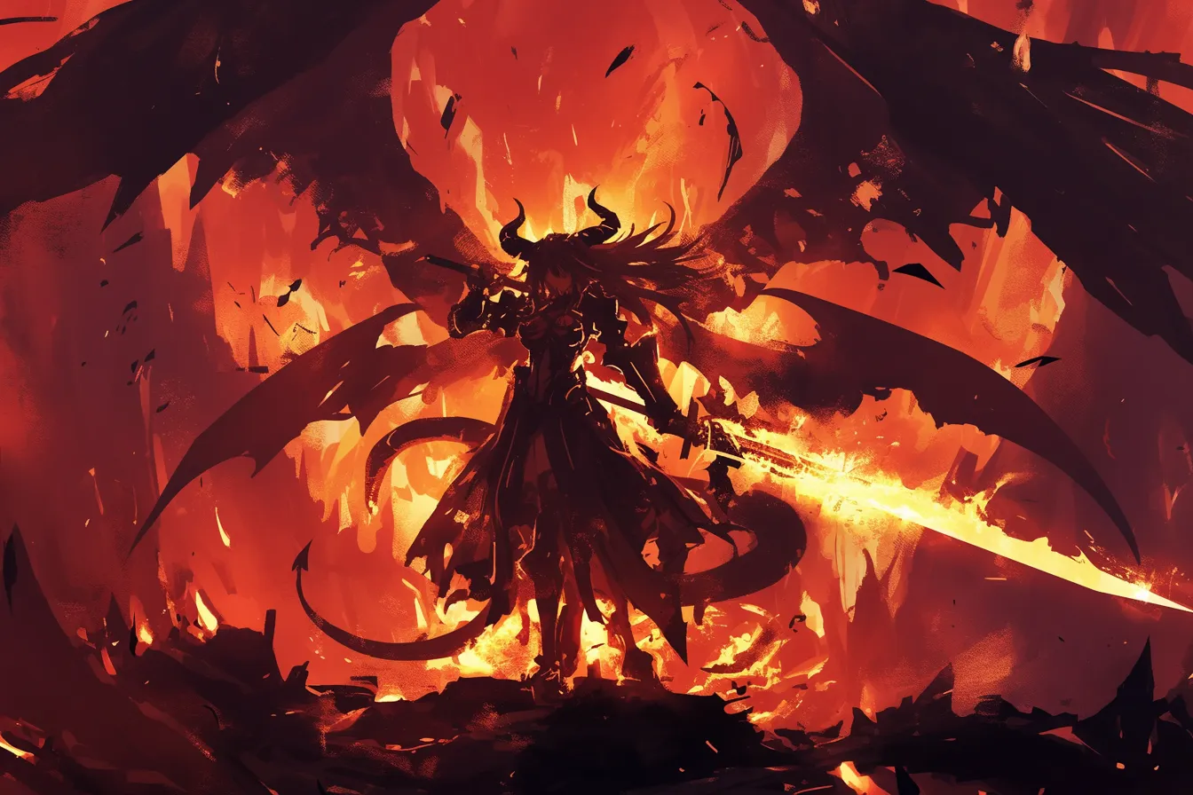 剣を掲げる戦士の地獄の絵｜燃え盛る剣を掲げる戦士が中心に描かれ、背景の炎が緊張感を高める地獄の絵です。力強さとダークな雰囲気を兼ね備え、プロモーションやダークファンタジー関連のデザイン素材に活用できます。