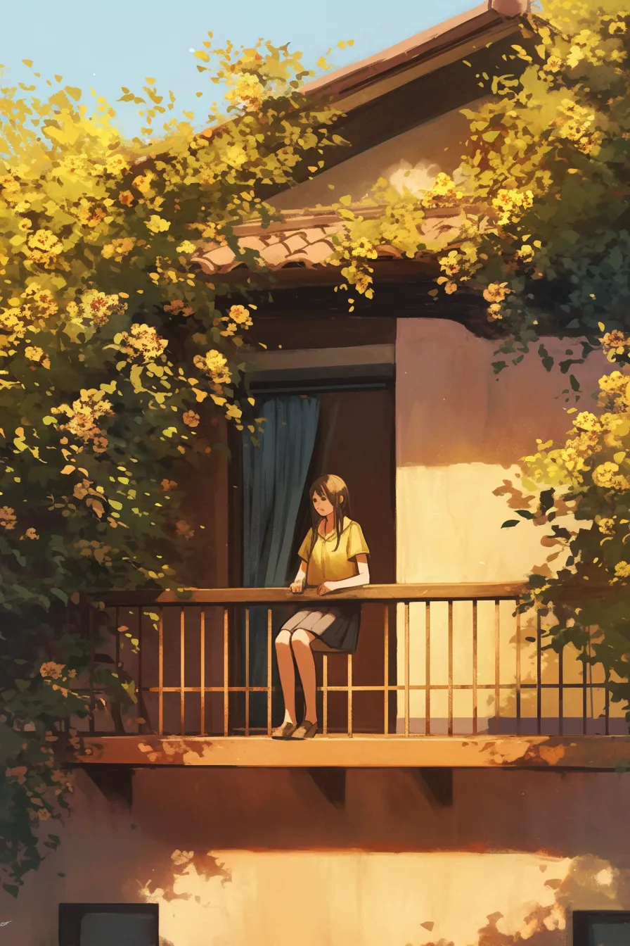 バルコニーで佇む少女の家の絵｜バルコニーに座る少女を描いた家の絵で、花々に囲まれた温かい雰囲気が特徴です。広告や表紙素材として、生活感や心地よい日常を伝えるビジネス写真素材に活用できます。