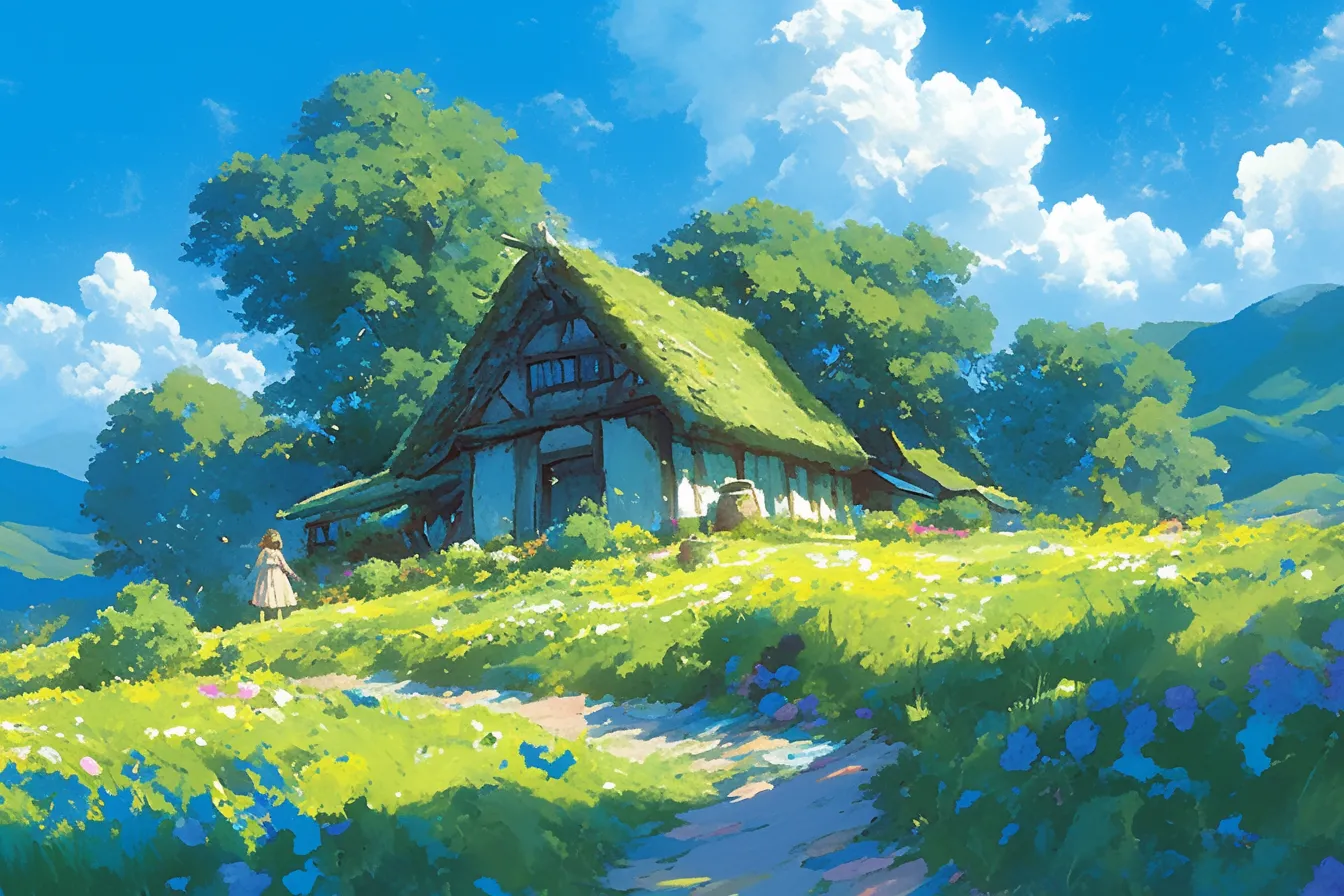 草原に立つ茅葺き屋根の家の絵｜青空と広大な草原に佇む茅葺き屋根の家の絵で、開放感と自然との調和を印象付けます。環境系や観光素材として明るい未来感を表現するのに効果的です。