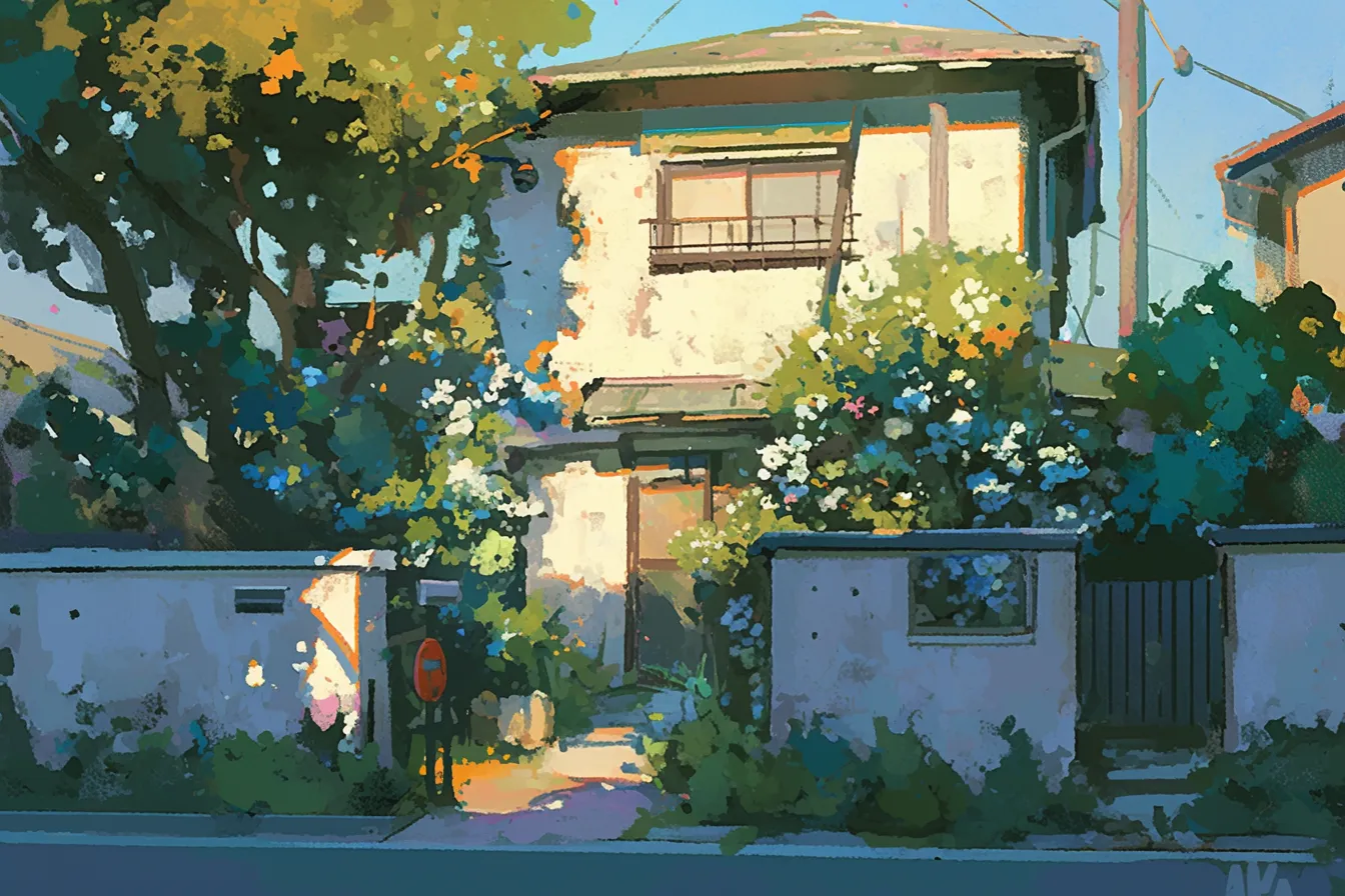 花に囲まれた住宅の家の絵｜白壁の住宅を花や緑が彩る家の絵で、柔らかい色調が安心感をもたらします。ビジネス写真素材として住宅関連や庭づくりの広告に使いやすいビジュアルです。
