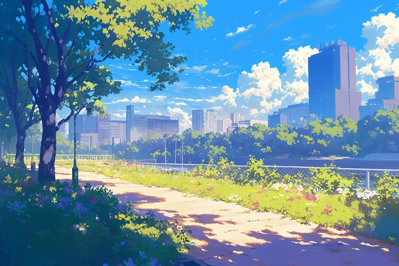 川沿いの緑と調和するビルの絵｜木々と花が並ぶ小道の向こうにビル群が広がる構成で、自然と都市のつながりを鮮やかに描いています。爽快な色彩で仕上げられ、ビジネス写真素材として環境共生を象徴する利用に適しています。