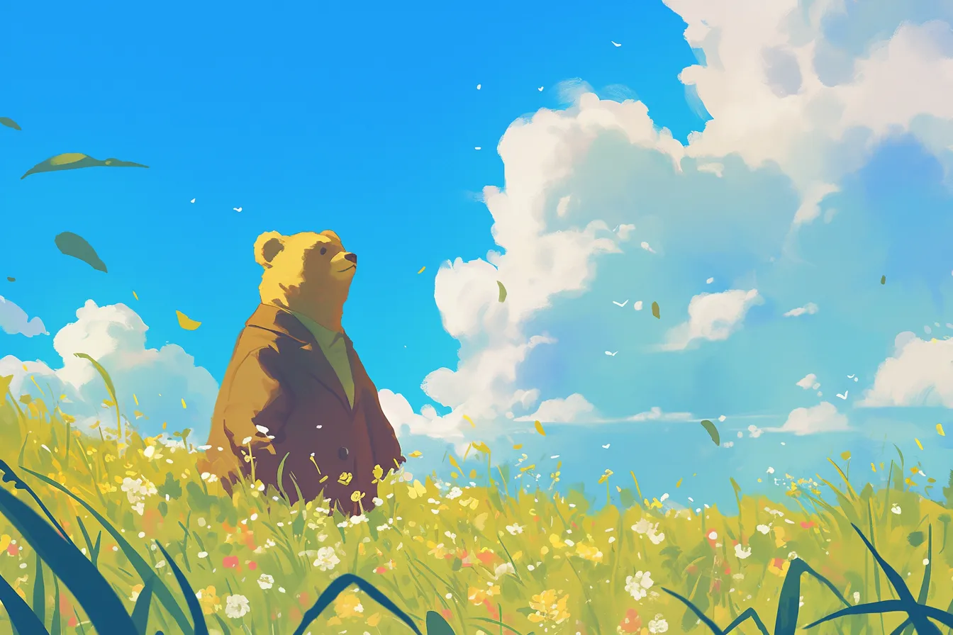 草原に立つくまの絵｜青空と花畑の中で佇むくまの絵は、爽やかで親しみやすい雰囲気を持つビジネス写真素材です。平和や希望を象徴するシーンに活用できます。