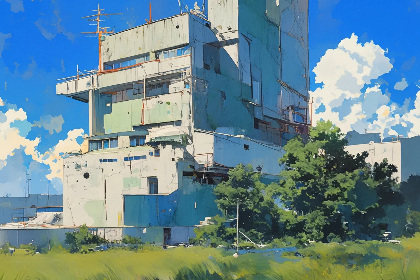退廃的な雰囲気漂うビルの絵｜風化した外壁やアンテナが描き込まれ、歴史や時間の経過を強調した独特の質感が目を引きます。現代的な写真素材の中で対比的に使うことで、ビジネス用途において印象的なアクセントになります。