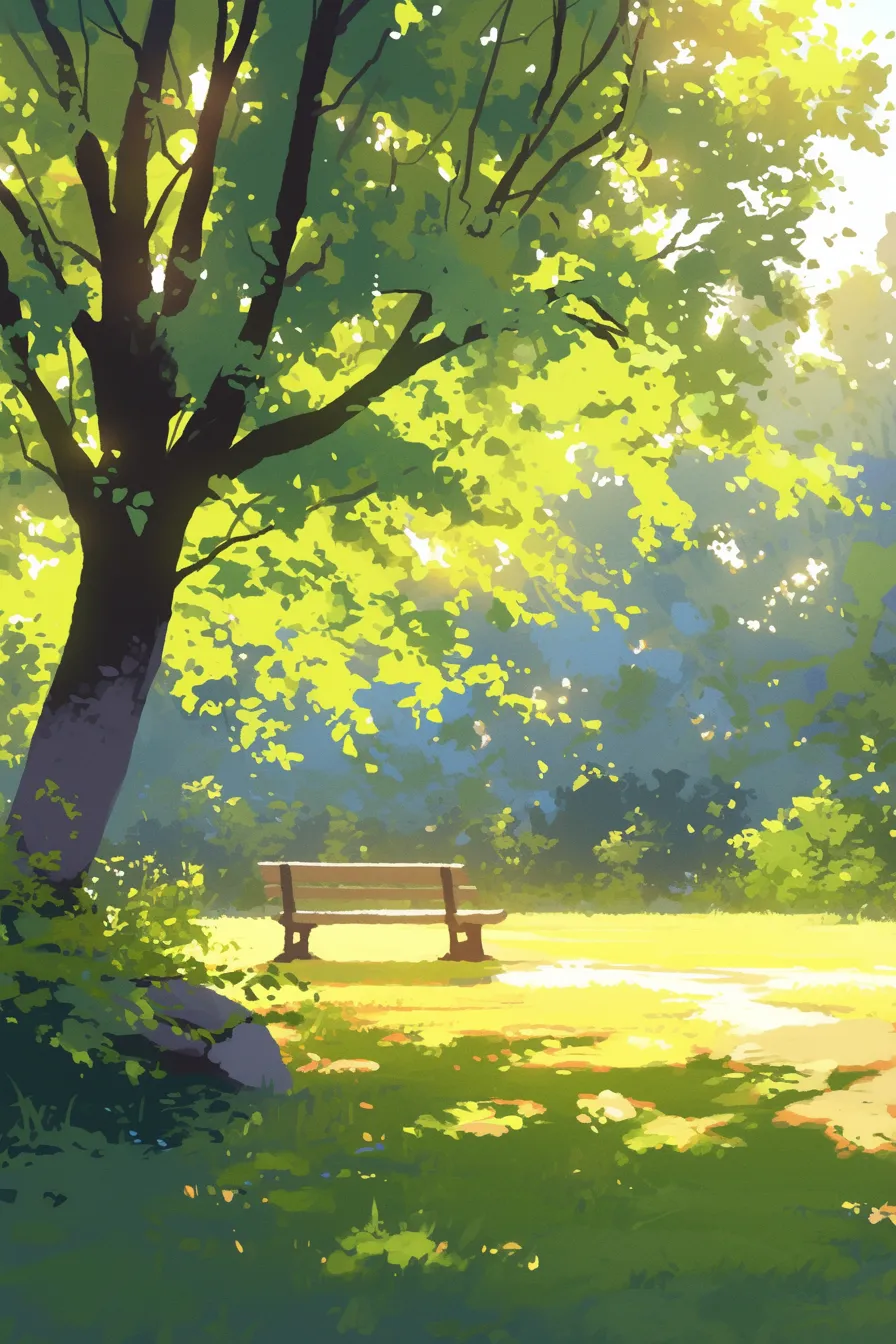 ベンチが映える静かな公園の絵｜木陰に置かれたベンチと光の差し込みが印象的で、落ち着いた雰囲気を感じさせます。鮮やかな緑が豊かに描かれ、ビジネス写真素材としてリラックスや休息の象徴的シーンに活用できます。