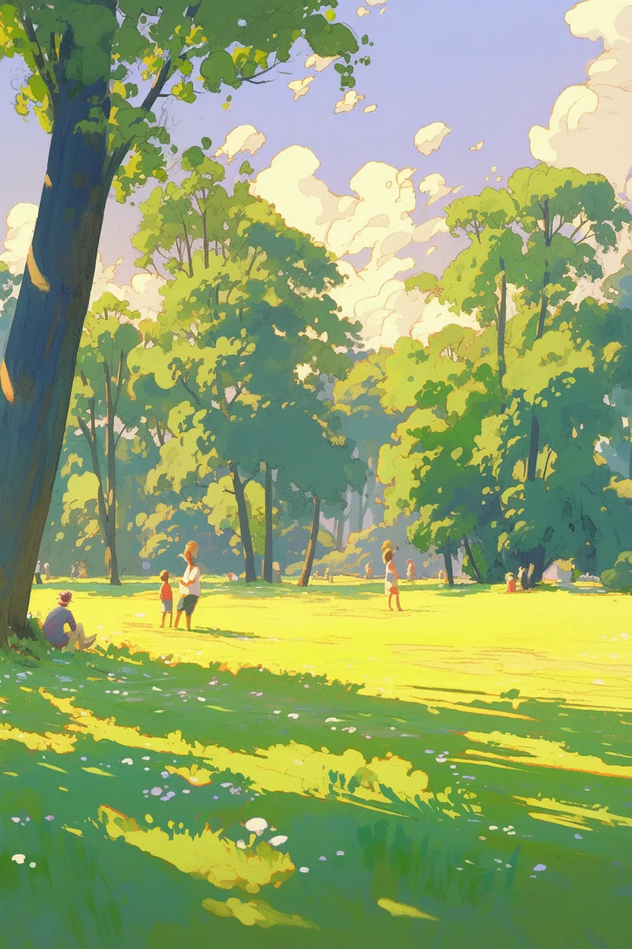 広場で過ごす人々の公園の絵｜広い芝生に人々が集い、木々の間からのぞく空と光が心地よさを演出しています。穏やかで開放的な雰囲気が伝わり、ビジネス写真素材として交流や憩いのシーンに適しています。