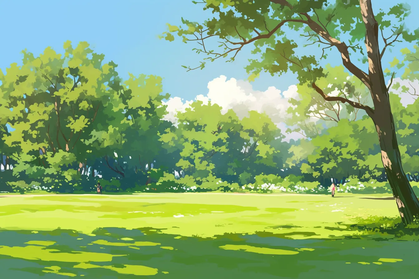 青空に広がる芝生の公園の絵｜広々とした緑地に青空と雲が広がり、爽快感のあるシーンが描かれています。鮮やかな配色が特徴で、ビジネス写真素材として健康的で活発なイメージを伝えるシーンに活用できます。